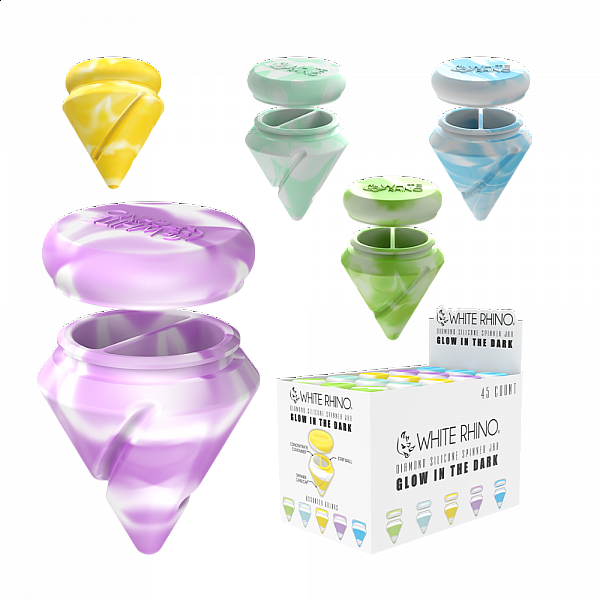 Silicone Glow Diamond Shape Spinner Carb Cap & Silicone Jar - White Rhino 45 Ct