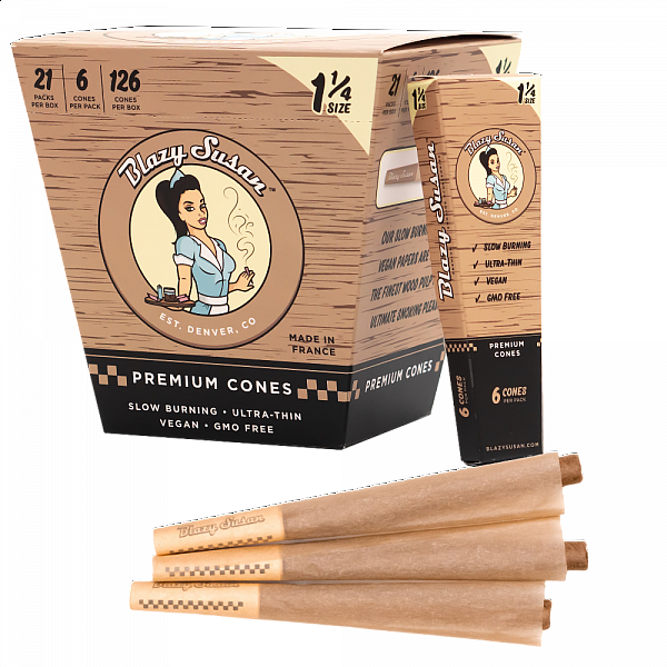 Blazy Susan - Unbleached 1-1/4″ Pre Rolled Cones - 6 Count